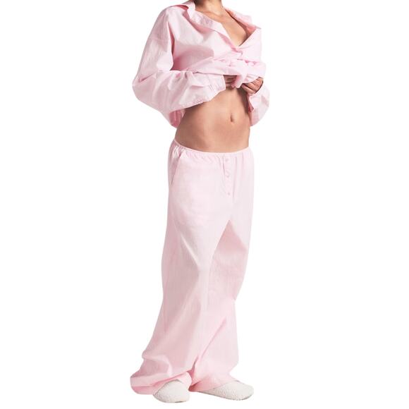 NWT SKIMS Cotton Poplin Oversized Sleep Set Cherry Blossom Stripe Sz S + Shorts - Picture 4 of 12